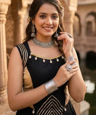 black plain rayon cotton gota patti lehenga set with zigzag patti top - full stitched free size 2