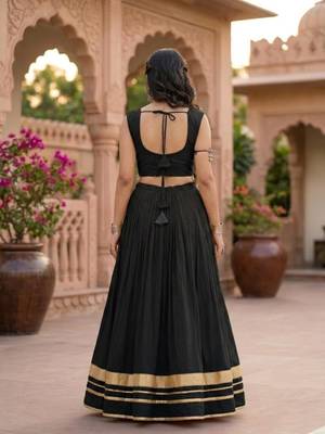 black plain rayon cotton gota patti lehenga set with zigzag patti top - full stitched free size 3