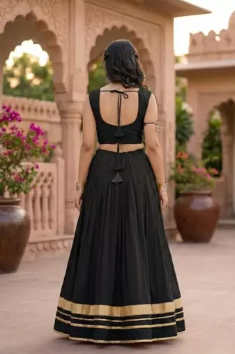 black plain rayon cotton gota patti lehenga set with zigzag patti top - full stitched free size