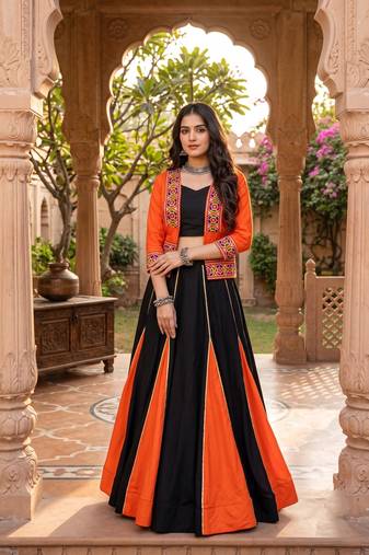 multicolor gota patti rayon cotton lehenga set with blouse & kutchi mirror work koti - full stitched free size