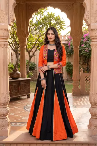 multicolor gota patti rayon cotton lehenga set with blouse & kutchi mirror work koti - full stitched free size