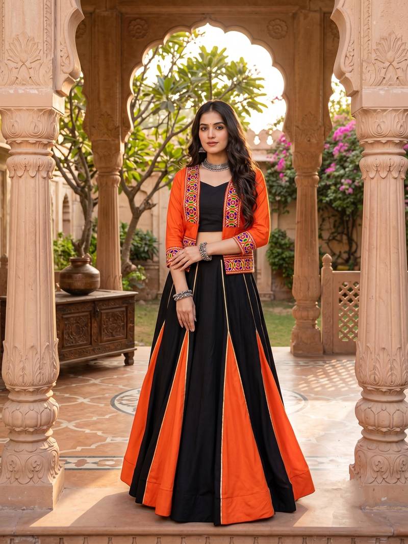 multicolor gota patti rayon cotton lehenga set with blouse & kutchi mirror work koti - full stitched free size
