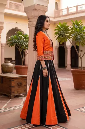 multicolor gota patti rayon cotton lehenga set with blouse & kutchi mirror work koti - full stitched free size