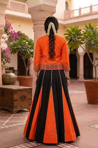 multicolor gota patti rayon cotton lehenga set with blouse & kutchi mirror work koti - full stitched free size