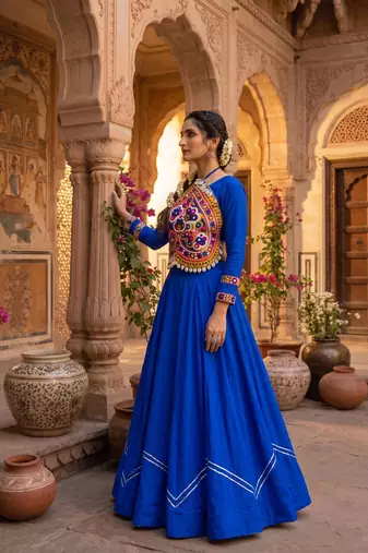 plain rayon cotton lehenga with border work & unn patch work blouse - full stitched free size