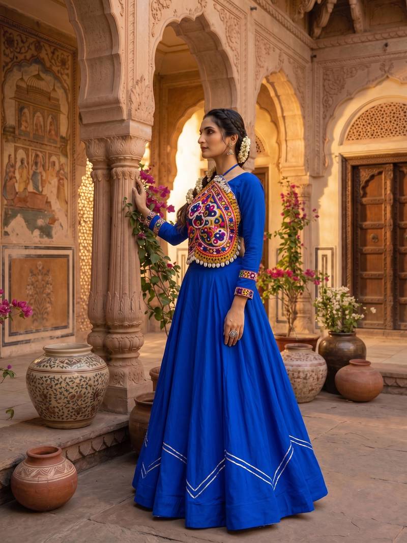 plain rayon cotton lehenga with border work & unn patch work blouse - full stitched free size