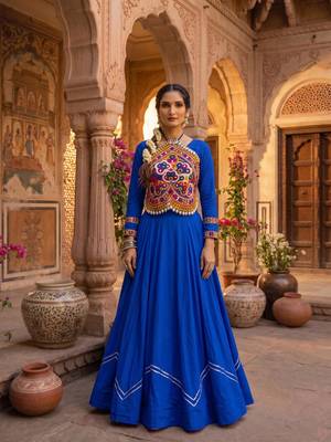 plain rayon cotton lehenga with border work & unn patch work blouse - full stitched free size 2