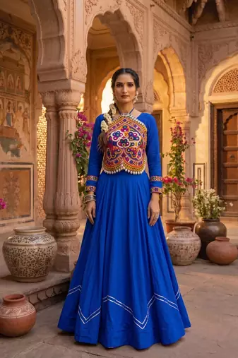 plain rayon cotton lehenga with border work & unn patch work blouse - full stitched free size