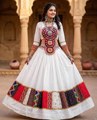 multicolor printed rayon cotton mirror work lehenga set with kutchi work top - full stitched free size 1