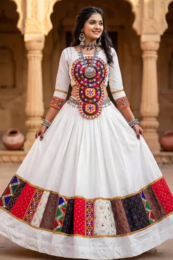 multicolor printed rayon cotton mirror work lehenga set with kutchi work top - full stitched free size