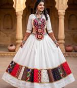 multicolor printed rayon cotton mirror work lehenga set with kutchi work top - full stitched free size