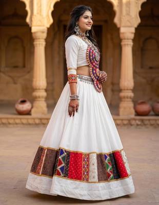 multicolor printed rayon cotton mirror work lehenga set with kutchi work top - full stitched free size 2