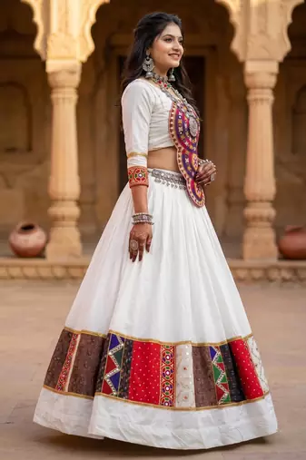 multicolor printed rayon cotton mirror work lehenga set with kutchi work top - full stitched free size