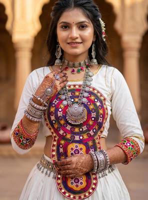 multicolor printed rayon cotton mirror work lehenga set with kutchi work top - full stitched free size 3