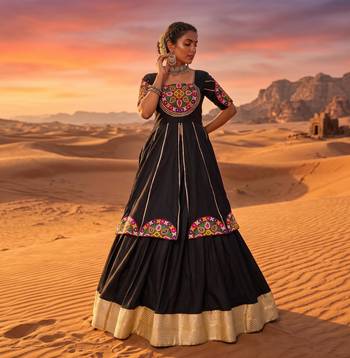 black rayon cotton zari border chaniya choli with mirror work top - full stitched free size 1