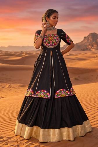 black rayon cotton zari border chaniya choli with mirror work top - full stitched free size