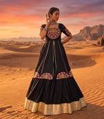 black rayon cotton zari border chaniya choli with mirror work top - full stitched free size