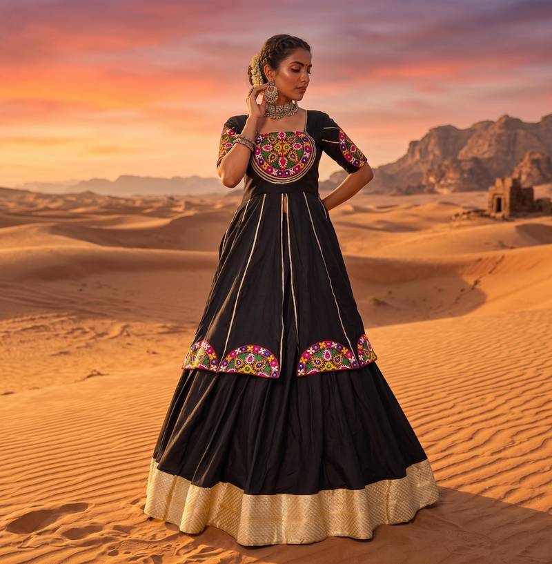 black rayon cotton zari border chaniya choli with mirror work top - full stitched free size