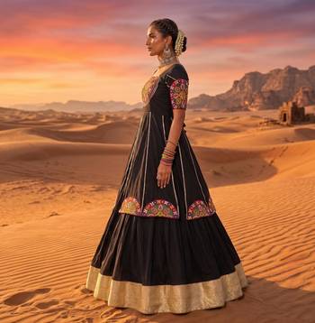 black rayon cotton zari border chaniya choli with mirror work top - full stitched free size 2