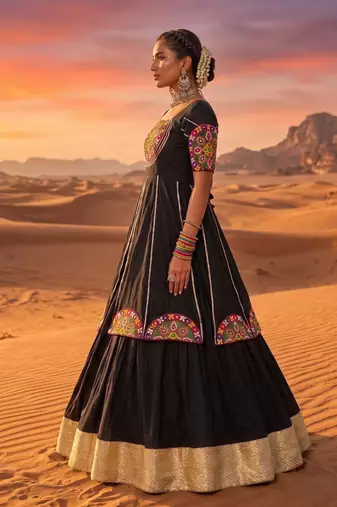 black rayon cotton zari border chaniya choli with mirror work top - full stitched free size