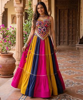 multicolor frilled rayon cotton kutchi mirror work lehenga set with fancy top - full stitched free size 1