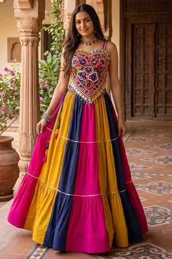 multicolor frilled rayon cotton kutchi mirror work lehenga set with fancy top - full stitched free size