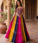 multicolor frilled rayon cotton kutchi mirror work lehenga set with fancy top - full stitched free size