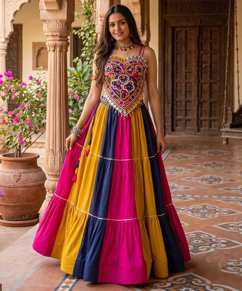 multicolor frilled rayon cotton kutchi mirror work lehenga set with fancy top - full stitched free size