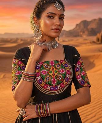 black rayon cotton zari border chaniya choli with mirror work top - full stitched free size 3