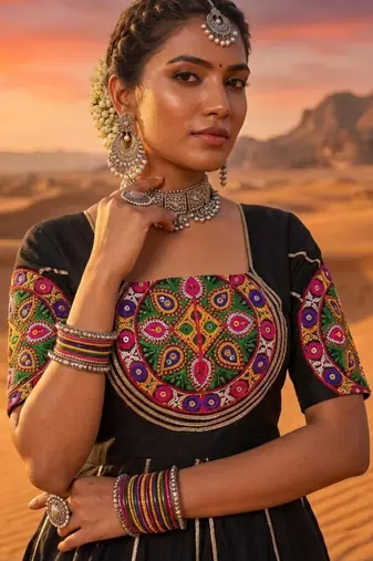 black rayon cotton zari border chaniya choli with mirror work top - full stitched free size