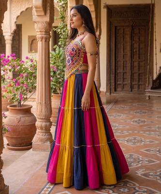 multicolor frilled rayon cotton kutchi mirror work lehenga set with fancy top - full stitched free size 2