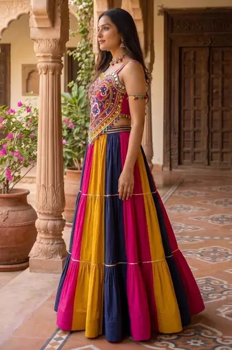 multicolor frilled rayon cotton kutchi mirror work lehenga set with fancy top - full stitched free size