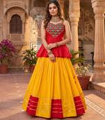 yellow rayon cotton gota patti patch work lehenga set with gamthi mirror work kediya - full stitched free size