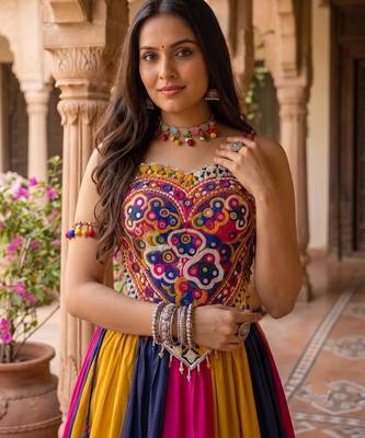 multicolor frilled rayon cotton kutchi mirror work lehenga set with fancy top - full stitched free size 3