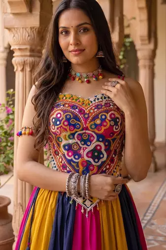 multicolor frilled rayon cotton kutchi mirror work lehenga set with fancy top - full stitched free size