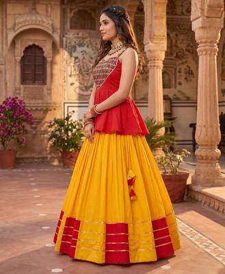 yellow rayon cotton gota patti patch work lehenga set with gamthi mirror work kediya - full stitched free size 2