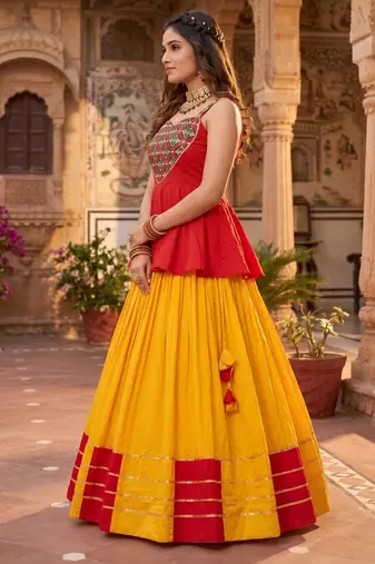 yellow rayon cotton gota patti patch work lehenga set with gamthi mirror work kediya - full stitched free size