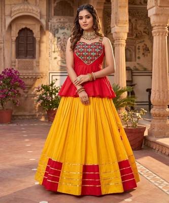 yellow rayon cotton gota patti patch work lehenga set with gamthi mirror work kediya - full stitched free size 3