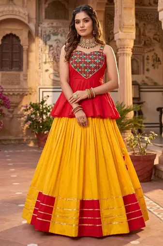 yellow rayon cotton gota patti patch work lehenga set with gamthi mirror work kediya - full stitched free size