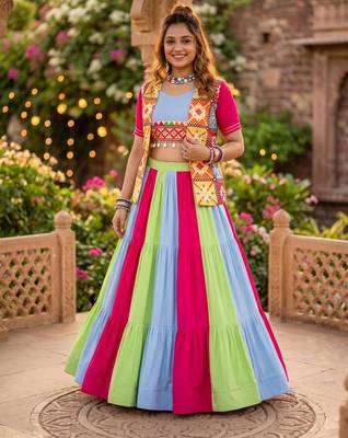 multicolor frilled rayon cotton lehenga set with kutchhi mirror work blouse & koti - full stitched free size 1