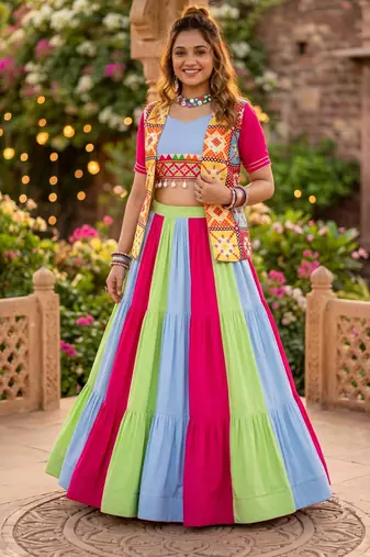multicolor frilled rayon cotton lehenga set with kutchhi mirror work blouse & koti - full stitched free size