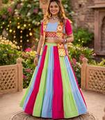 multicolor frilled rayon cotton lehenga set with kutchhi mirror work blouse & koti - full stitched free size