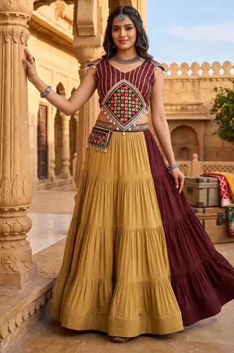 multicolor frilled rayon cotton lehenga set with kutchhi mirror work blouse & koti - full stitched free size