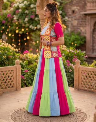 multicolor frilled rayon cotton lehenga set with kutchhi mirror work blouse & koti - full stitched free size 3