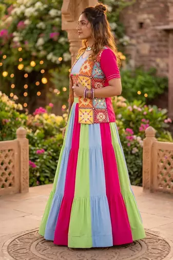 multicolor frilled rayon cotton lehenga set with kutchhi mirror work blouse & koti - full stitched free size