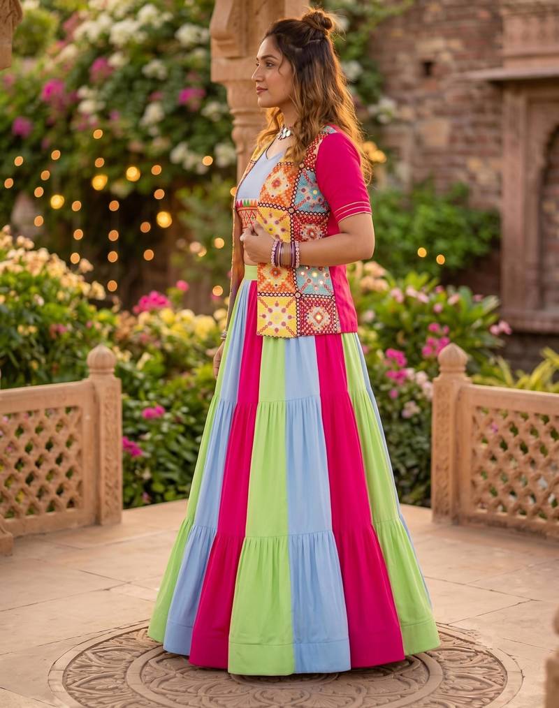 multicolor frilled rayon cotton lehenga set with kutchhi mirror work blouse & koti - full stitched free size