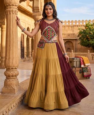 brown beige frilled rayon cotton lehenga with gamthi mirror kaudi work blouse & purse - full stitched free size 1