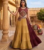 brown beige frilled rayon cotton lehenga with gamthi mirror kaudi work blouse & purse - full stitched free size