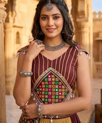 brown beige frilled rayon cotton lehenga with gamthi mirror kaudi work blouse & purse - full stitched free size 3