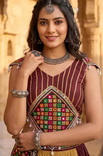 brown beige frilled rayon cotton lehenga with gamthi mirror kaudi work blouse & purse - full stitched free size